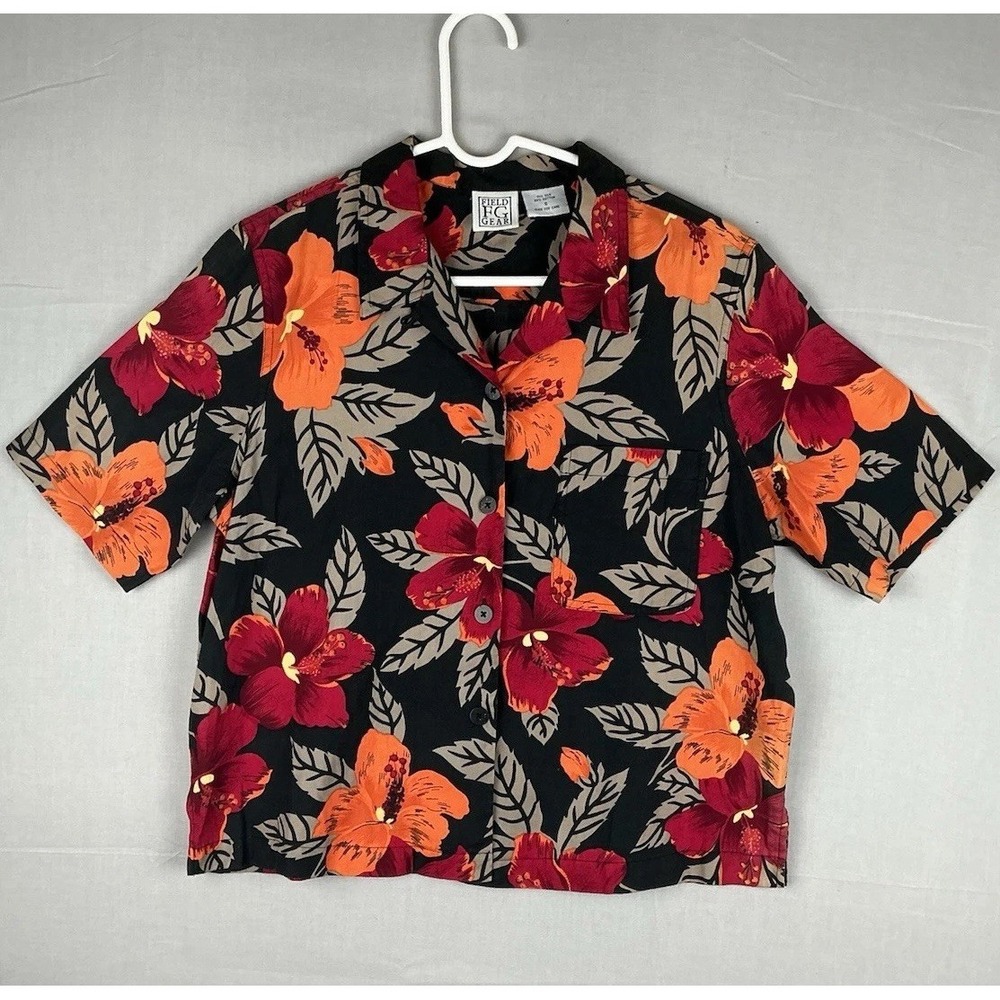 Field Gear Womens Button Up Shirt Small Black Floral Hawaiian Short Sleeve